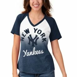 Cheapest ⭐ Touch 👩 Women's Navy, White New York Yankees Shortstop Ombre Raglan V-Neck T-shirt 🎉