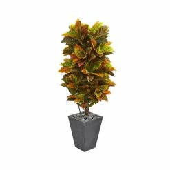 Top 10 🔥 Nearly Natural 5.5' Croton Artificial Plant In Slate Planter - Real Touch Green ⭐