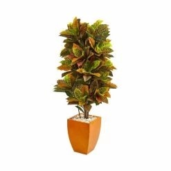 New 😀 Nearly Natural 5.5' Croton Artificial Plant In Orange Planter - Real Touch Green ✨