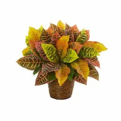 Promo 🎉 Nearly Natural 17 Garden Croton Artificial Plant In Basket Real Touch Orange 🎁