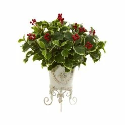 Coupon 🌟 Nearly Natural Variegated Holly Artificial Plant In Metal Planter (Real Touch) Green 🎁